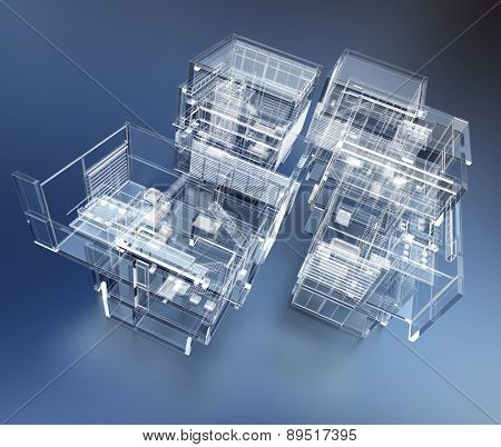 3D rendering of a transparent building against a blue background