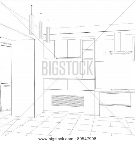 Abstract sketch design interior kitchen. Illustration created of 3d