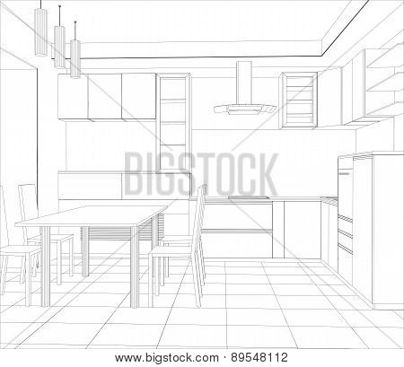 Abstract sketch design interior kitchen. Illustration created of 3d