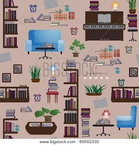 Seamless Pattern With Books And Furniture