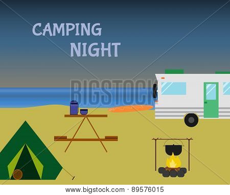 Vintage Camping Night Concept. Retro Caravan, Motorhome, Rv On The Beach, Summer Vacation, And Holid