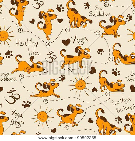 Seamless Pattern With Dog Doing Yoga Position Of Surya Namaskara.