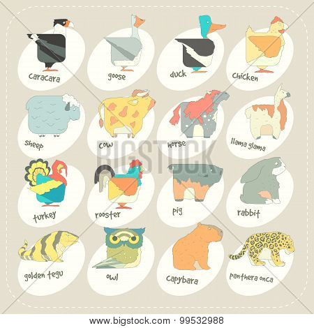 Flat design vector animals icon set. Zoo children cartoon collection.