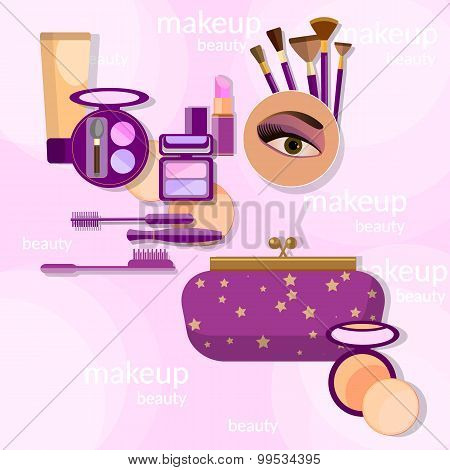 Makeup And Beauty Female Beautiful Makeup Eye Shadow Professional Cosmetics Brush Lipstick Vector