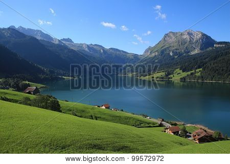 Green Farmland, Lake Waegitalersee And Fluebrig
