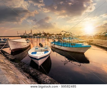Fishing Boats In Port Of Sozopol  At Sunset