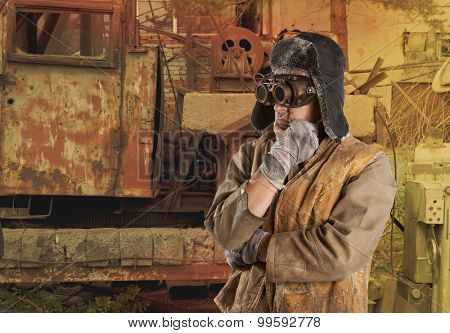 Steampunk man wearing glasses. Post-apocalypse fantasy