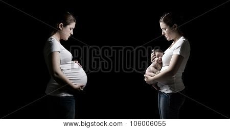 Girl before and after the pregnancy with newborn