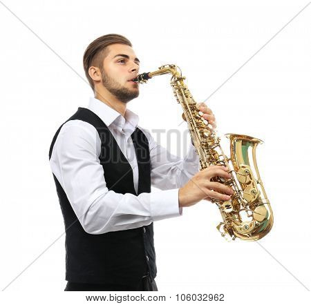 Happy saxophonist plays music on sax in elegant suit on white background