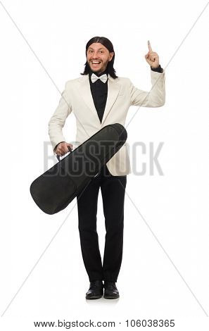 Man with violin case on whtie