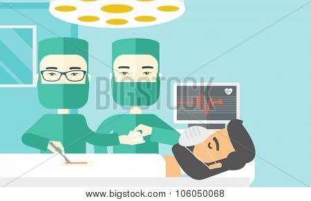 Two asian surgeons working and looking over a lying patient in an operating room vector flat design illustration. Horizontal layout with a text space.