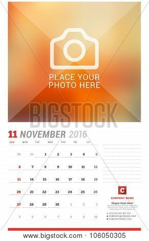 Wall Calendar Planner For 2016 Year. Vector Design Print Template With Place For Photo, Notes And Co