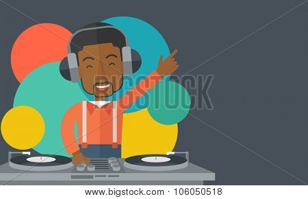 An african-american DJ wearing headphones with hand up playing vinyl vector flat design illustration. Horizontal layout with a text space.