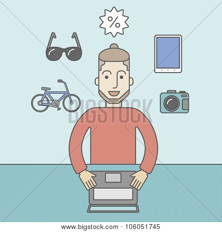 A caucasian hipster man with beard sitting in front of laptop and some icons of goods around him, symbolizing on-line shopping. Vector line design illustration. Square layout.