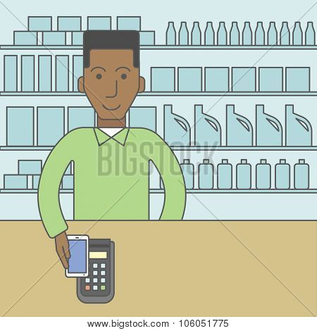 An african-american customer paying with his smartphone using terminal. Vector line design illustration. Square layout.