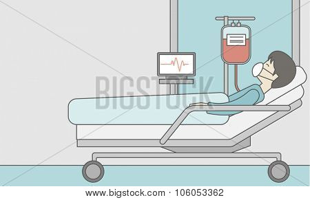 An asian patient lying in hospital bed with heart rate monitor and drop counetr. Vector line design illustration. Horizontal layout with a text space for a social media post.