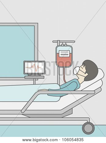 An asian patient lying in hospital bed with heart rate monitor and drop counter. Vector line design illustration. Vertical layout with a text space for a social media post.
