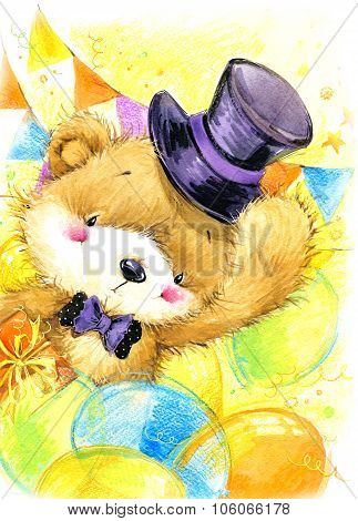 cute toy teddy bear and Birthday card background.