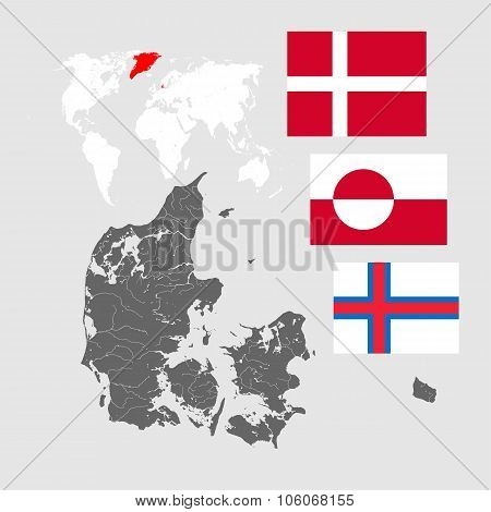 Map Of Denmark With Lakes And Rivers And Three Flags.