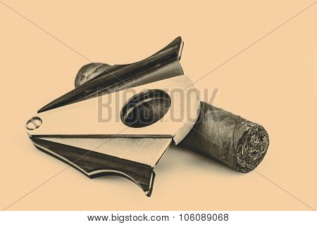 Expensive cigar and cutter on a white background