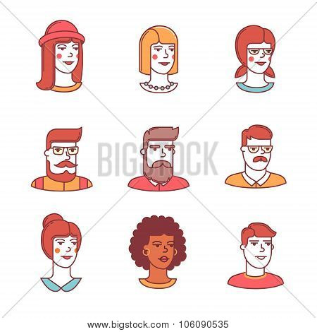Human faces icons thin line set. Hipsters
