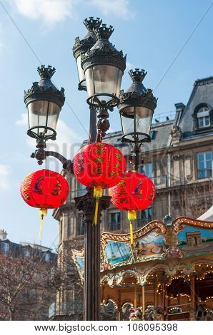 Chinese Lanterns Hanging On Lampost In Paris