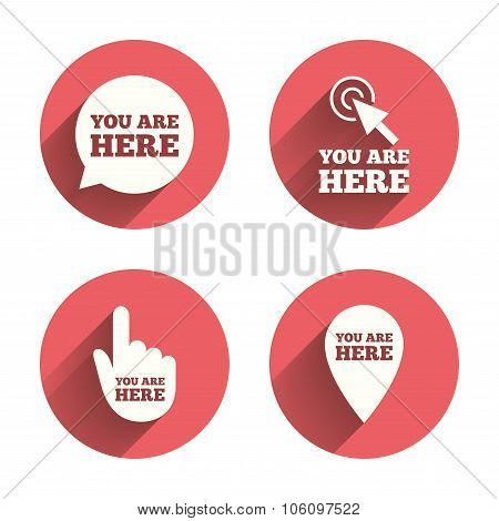 You are here icons. Info speech bubble sign.