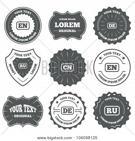 Language icons. EN, DE, RU and CN translation.