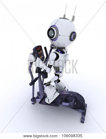 3D render of a robot at the gym on a cross trainer