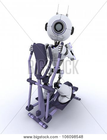 3D render of a robot at the gym on a cross trainer