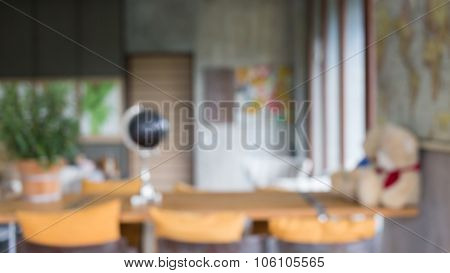 Image Blur Background, Living Room Interior Decoration Cafe Coffee With Wooden Bar And Chair Barstoo