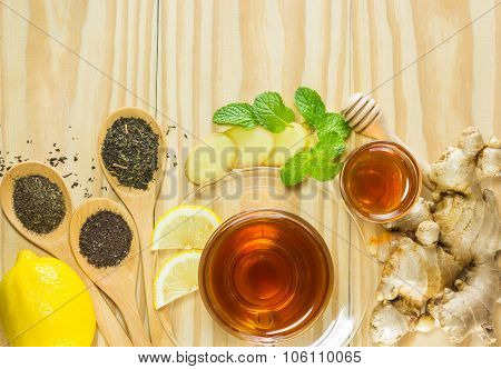 Tea With Mint Honey Ginger And Lemon On Wood Background,warm Toning, Selective Focus
