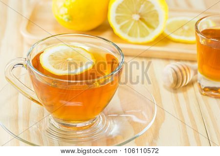 Tea With  Honey  And Lemon On Wood Background,warm Toning, Selective Focus