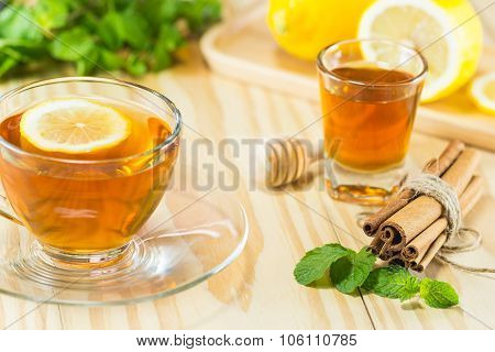Tea With Mint Honey Cinnamon And Lemon On Wood Background,warm Toning, Selective Focus