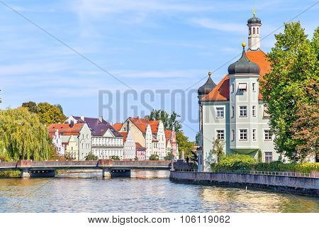Isar River And Bavarian Style Buildings In Landshut