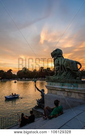 Lion sculpture in Buen Retiro park lake, Madrid