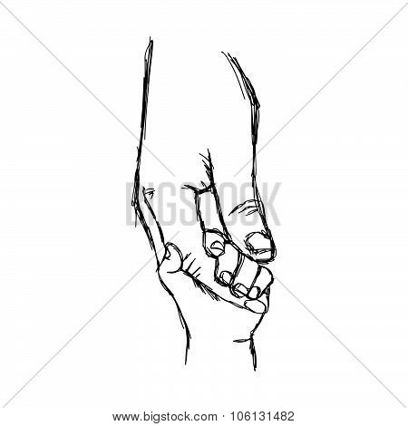 Illustration Vector Doodle Hand Drawn Sketch Of Parent Holds The Hand Of A Small Child.