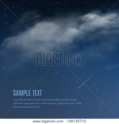 Night Background, Clouds And Shining Stars On Dark Blue Sky. Vector Illustration Of Night Sky