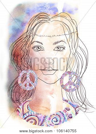 The Beautiful Hippie Girl. Watercolor Background.