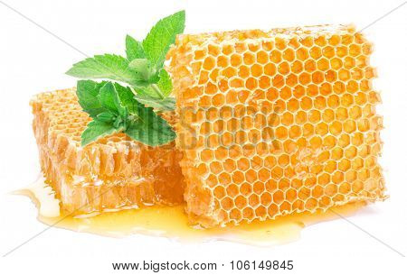 Honeycomb and mint on a white background.  High-quality picture.