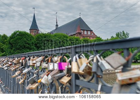 Locks of love Medovy Bridge. Kaliningrad. Russia