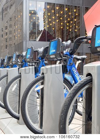 NEW YORK,USA - AUGUST 20,2015 :  Bicycles for rent as part of the Citibike program in New York City