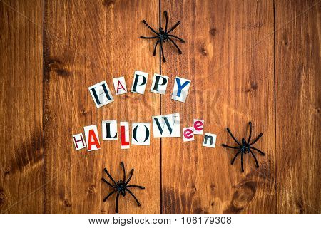 Happy Halloween Letters Cut Out From The Magazines, Bats And Black Spiders