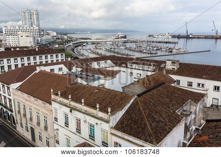 PONTA DELGADA, AZORES/PORTUGAL - CIRCA JUN, 2015: Top view of center of Ponta Delgada. City is located on Sao Miguel Island (233 km2) Region capital under the revised constitution of 1976.