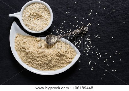 Sesame Seeds And Flour On The Surface Of The Shale