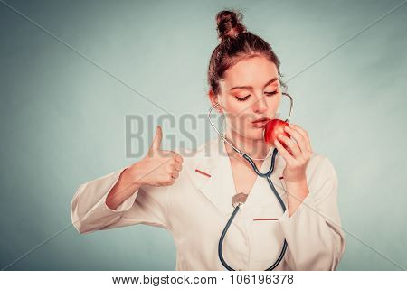 Happy Dietitian Nutritionist With Apple Fruit.