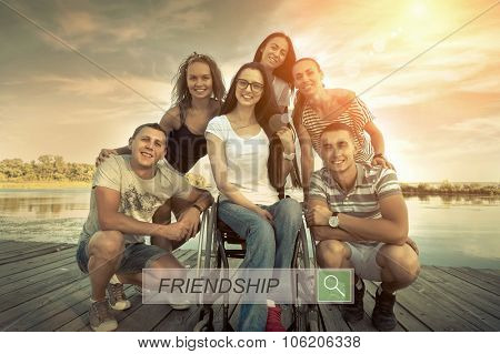 Happines group of Friedns on the wooden pier.