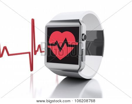 3D Smart Watch With Red Health Icon.