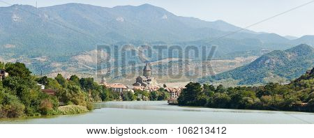 Svetitskhoveli church and castle complex panorama on the Aragvi River in Mtskheta, Georgia
