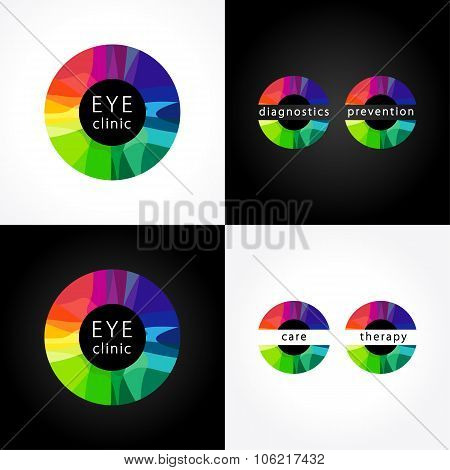 Eye clinic round colored logo. Bright stained glass logotype, color iris, ophthalmology diagnostic health care centers and hospitals. Medical, musical, healthcare or technology icon.